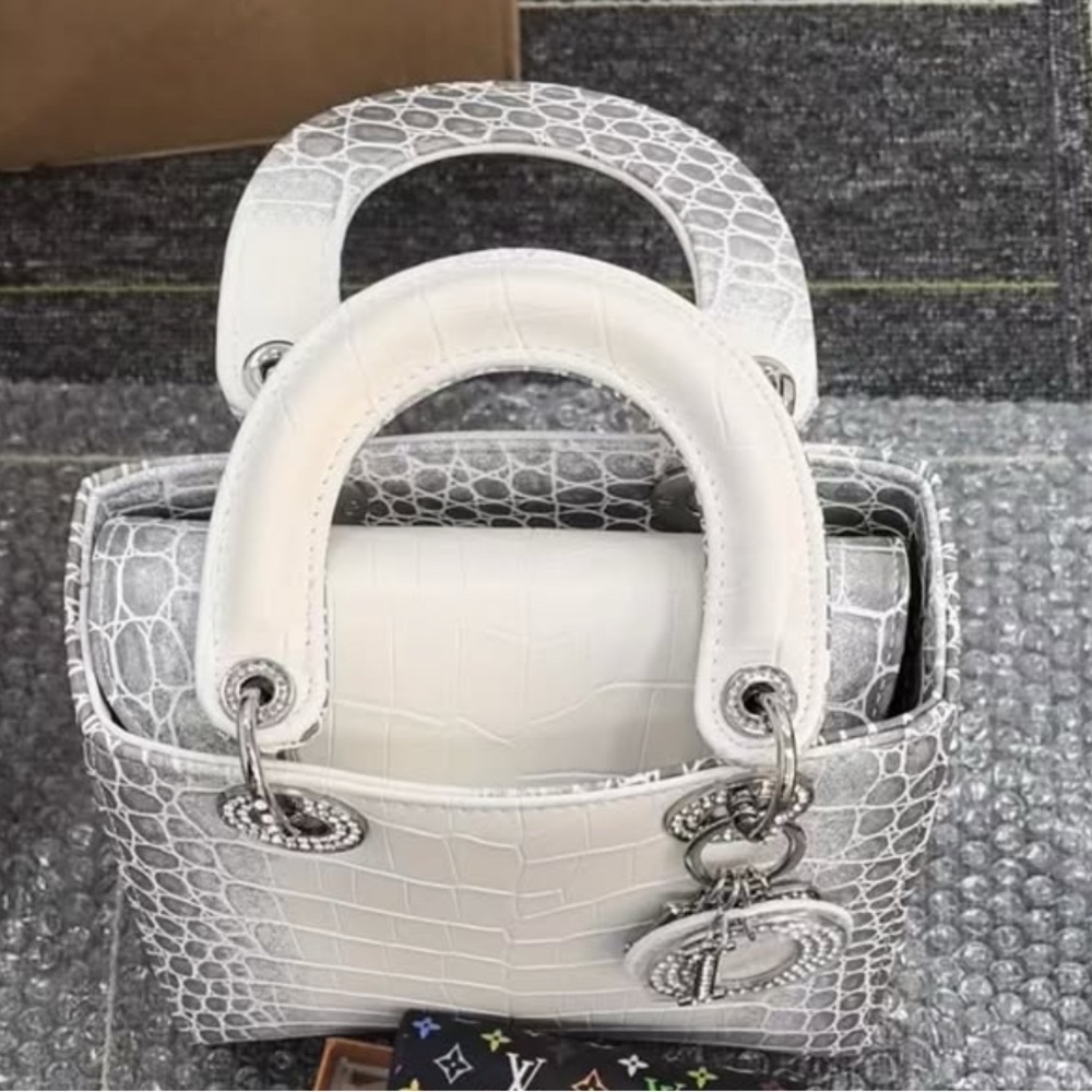 Lady Dior Small Croc Embossed Top-Handle Bag in White and Silver - Picture 4 of 5